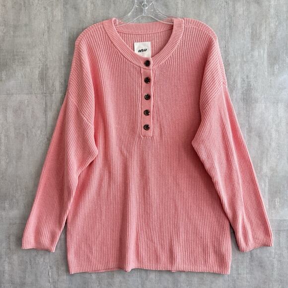 aerie Sweaters - Aerie Knit Oversized Sweater Womens M Pink Cotton Soft 1/2 button Henley Ribbed